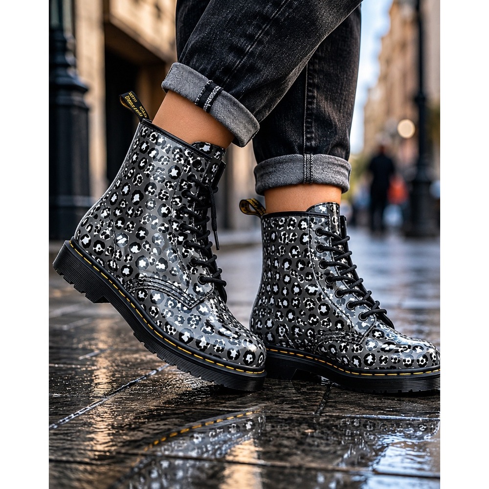Dr. Martens 1460 Studded Leopard Embossed Leather Combat Boots Women's Size 7